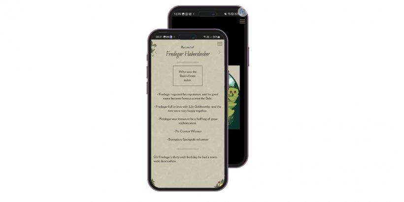 A screenshot of two phones with gameplay of the text-driven game Halfling Dale.